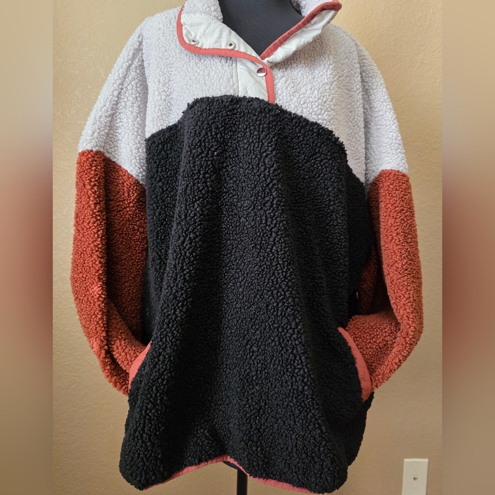 Time & Tru Sherpa Snap Pullover Cream & Rust Soft Warm Chic Casual 2XL